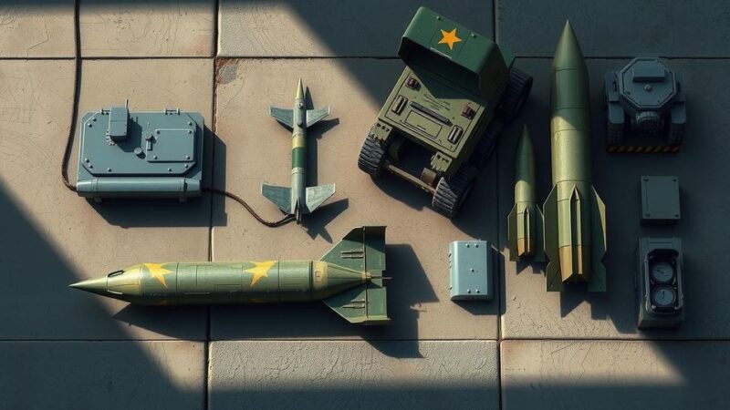 A dramatic depiction of military materials and technology in shades of gray and camouflage.
