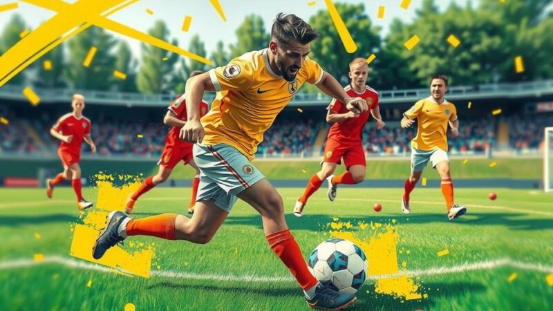 Dynamic football player in action, symbolizing energy and skill, with vibrant greens and yellows reflecting teamwork.