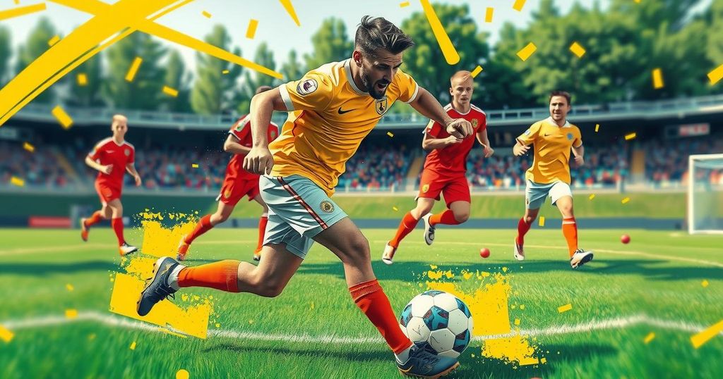 Dynamic football player in action, symbolizing energy and skill, with vibrant greens and yellows reflecting teamwork.