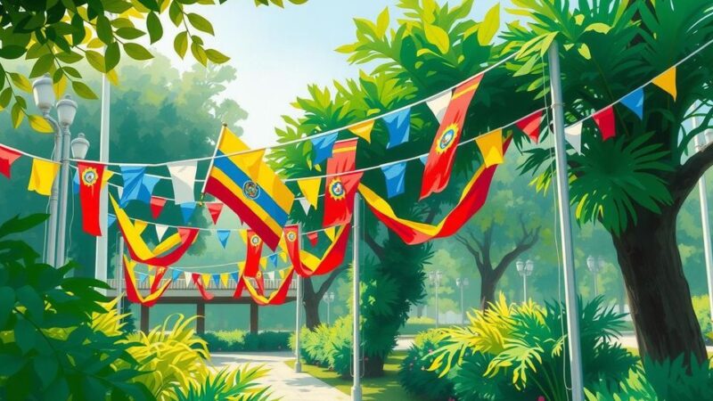 A tranquil Colombian campaign scene with flags and decor, set in a vibrant park on a sunny day, reflecting peaceful democracy.