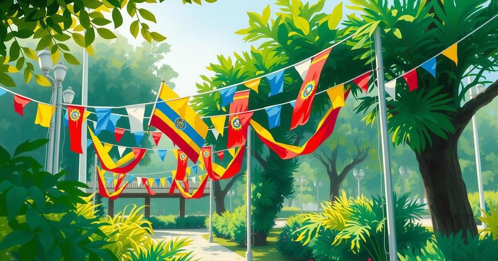 A tranquil Colombian campaign scene with flags and decor, set in a vibrant park on a sunny day, reflecting peaceful democracy.