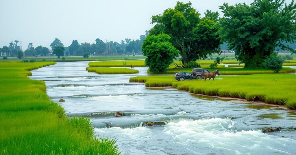 Vast Nigerian floodplain showcasing seasonal flooding with lush green grass and flowing river water.