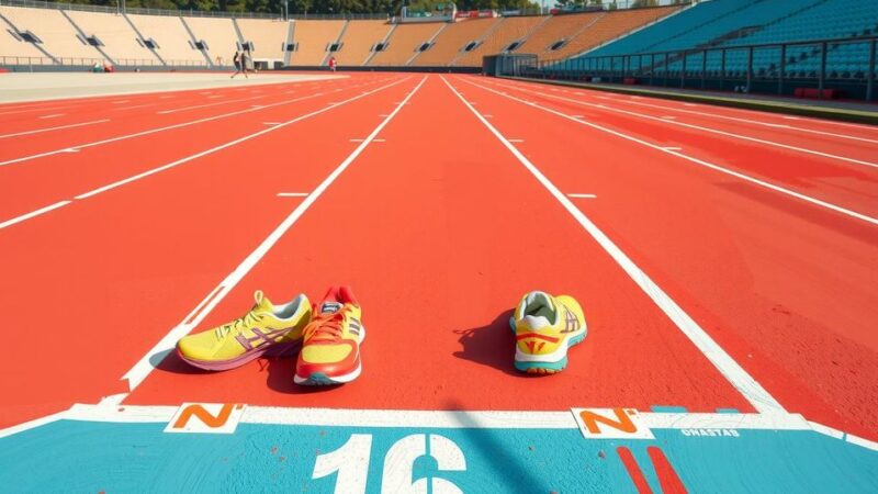 A track with lanes and running shoes, symbolizing competitive athletics and achievement in sports.
