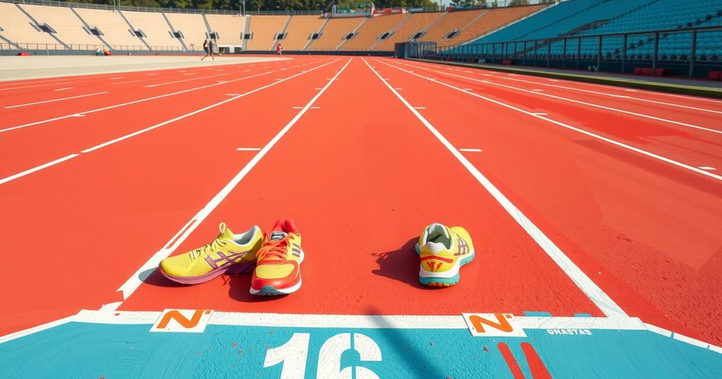 A track with lanes and running shoes, symbolizing competitive athletics and achievement in sports.