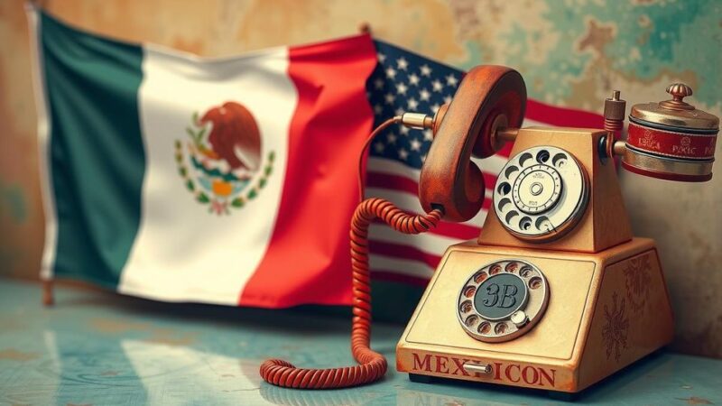 Mexican political landscape with flags, a telephone, and symbolic elements of diplomacy, against a backdrop of vibrant colors.