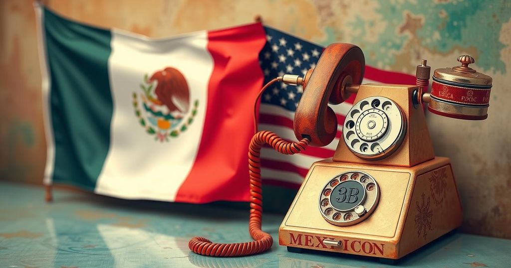 Mexican political landscape with flags, a telephone, and symbolic elements of diplomacy, against a backdrop of vibrant colors.