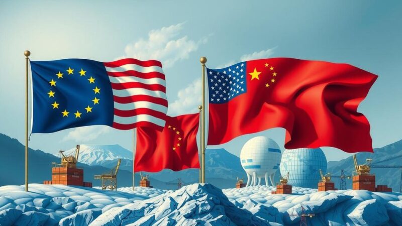 A conceptual landscape showing EU and US flags contrasted with a symbolic representation of China, illustrating trade tensions.