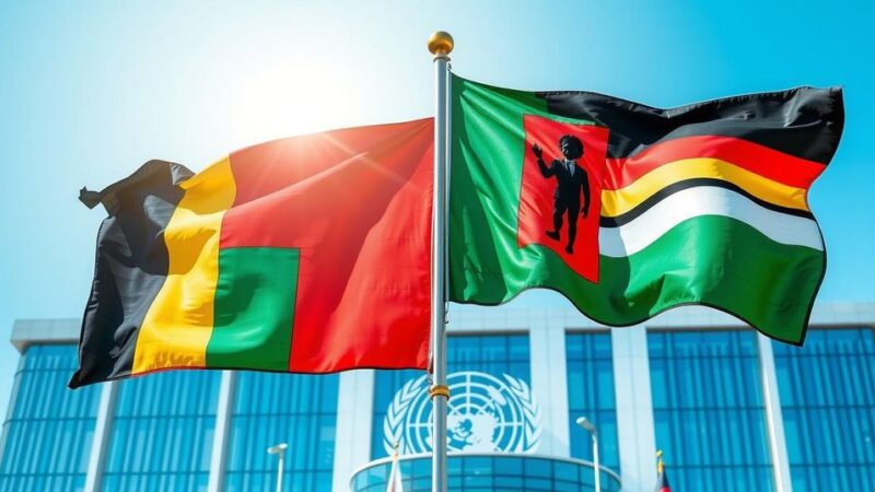African nations becoming non-permanent members of UN Security Council with flags waving in the background