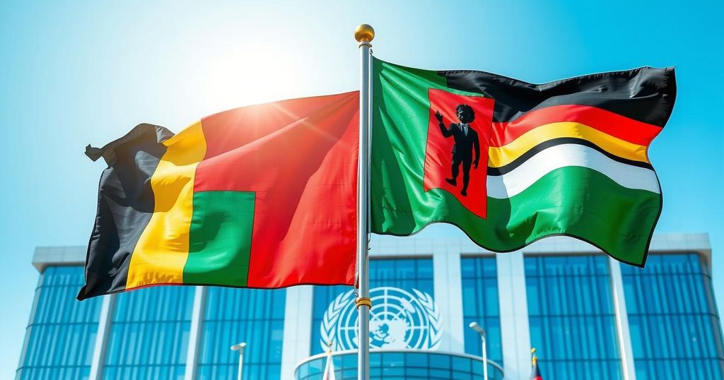 African nations becoming non-permanent members of UN Security Council with flags waving in the background