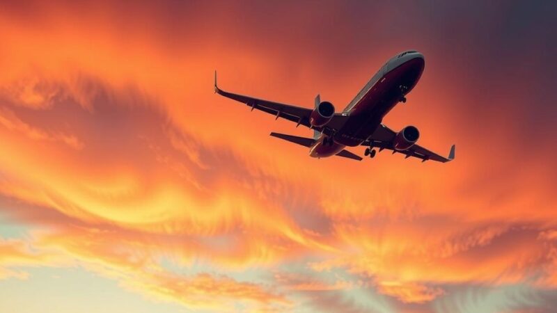 A serene airplane flying over a sunset sky, symbolizing evacuation and safe returns home.