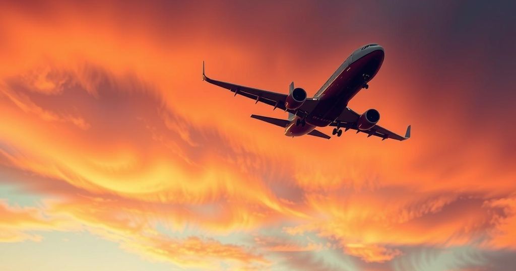 A serene airplane flying over a sunset sky, symbolizing evacuation and safe returns home.