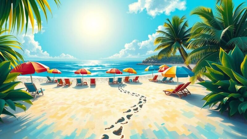 Colorful beach scene in Sri Lanka packed with tourists enjoying the sun, vibrant plants, and tropical scenery.