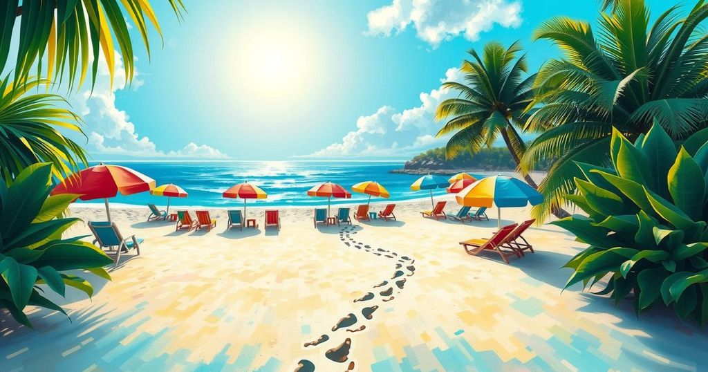 Colorful beach scene in Sri Lanka packed with tourists enjoying the sun, vibrant plants, and tropical scenery.