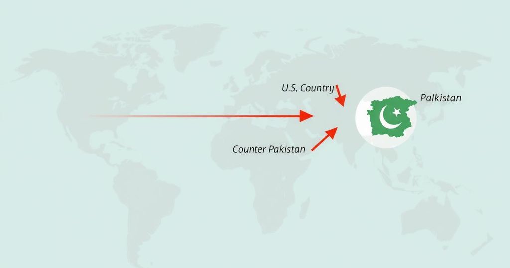 Map of the U.S. and Pakistan highlighting bilateral relations in muted colors.