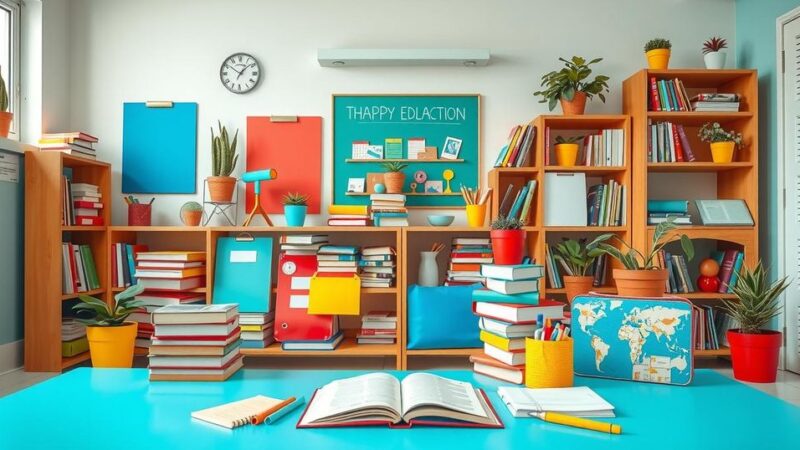 A vibrant classroom with educational materials, showcasing the theme of commitment to education in Guyana.