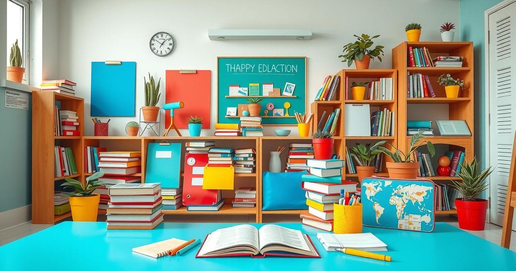 A vibrant classroom with educational materials, showcasing the theme of commitment to education in Guyana.