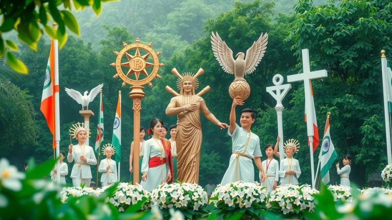 A vibrant gathering with banners symbolizing unity and democracy, featuring colors of green and white, representing hope.