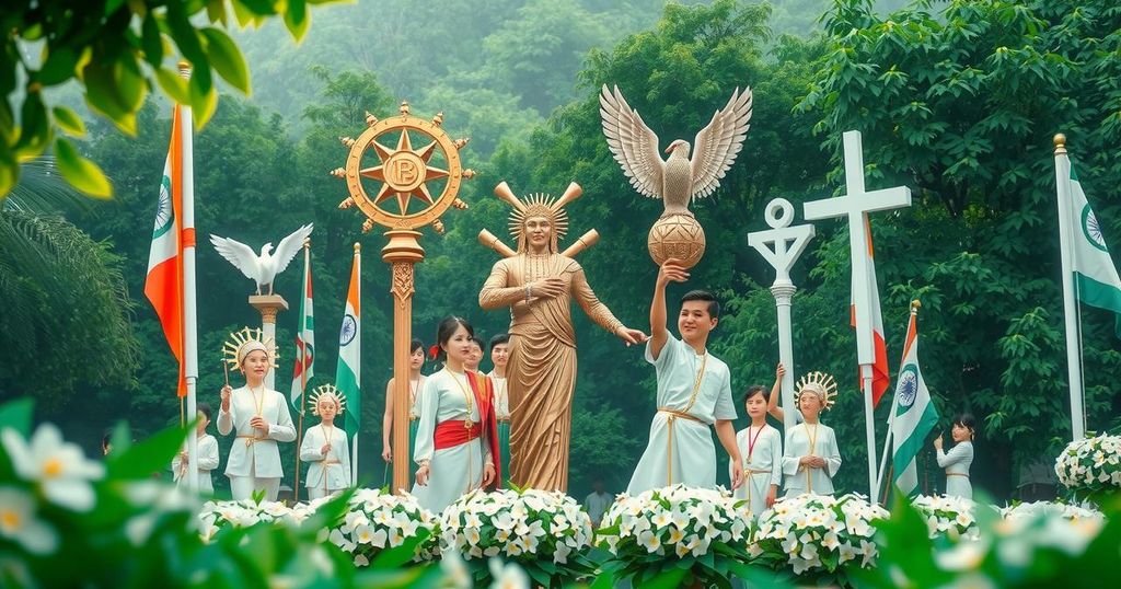 A vibrant gathering with banners symbolizing unity and democracy, featuring colors of green and white, representing hope.