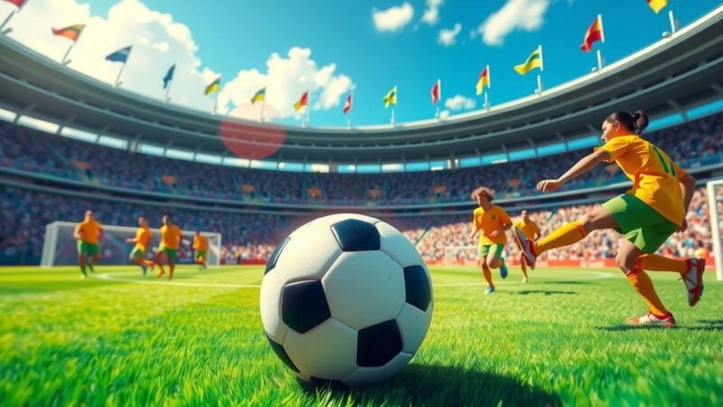 A vibrant soccer scene depicting a match between Uruguay and Venezuela, showcasing the ball on a lush green field.