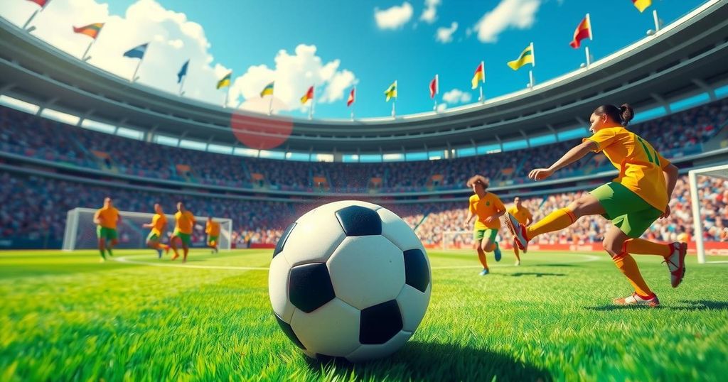 A vibrant soccer scene depicting a match between Uruguay and Venezuela, showcasing the ball on a lush green field.