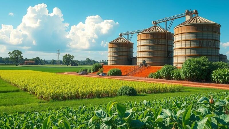 Ghanaian agricultural landscape with fields, silos, and crops illustrating growth challenges and resilience.