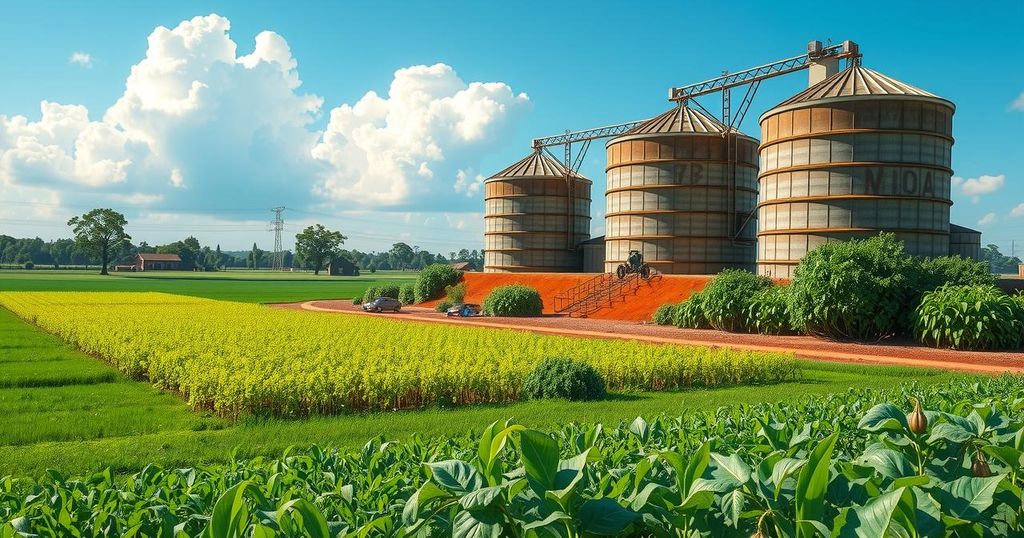 Ghanaian agricultural landscape with fields, silos, and crops illustrating growth challenges and resilience.