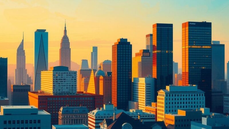 A vibrant cityscape reflecting political change and optimism, with skyscrapers and open spaces in bright colors.