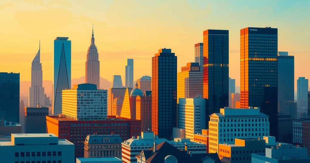 A vibrant cityscape reflecting political change and optimism, with skyscrapers and open spaces in bright colors.