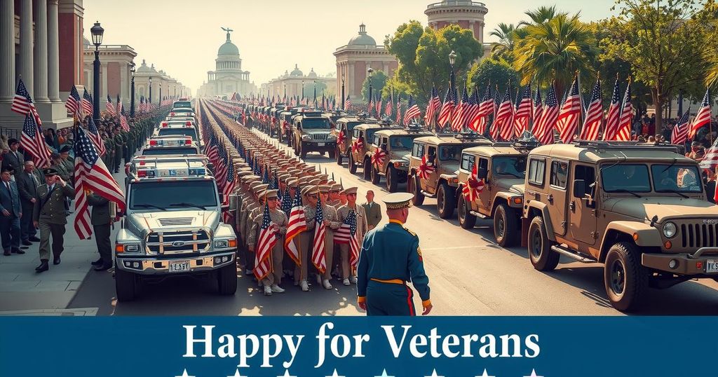 A vibrant military parade celebrating veterans with soldiers and military vehicles marching.