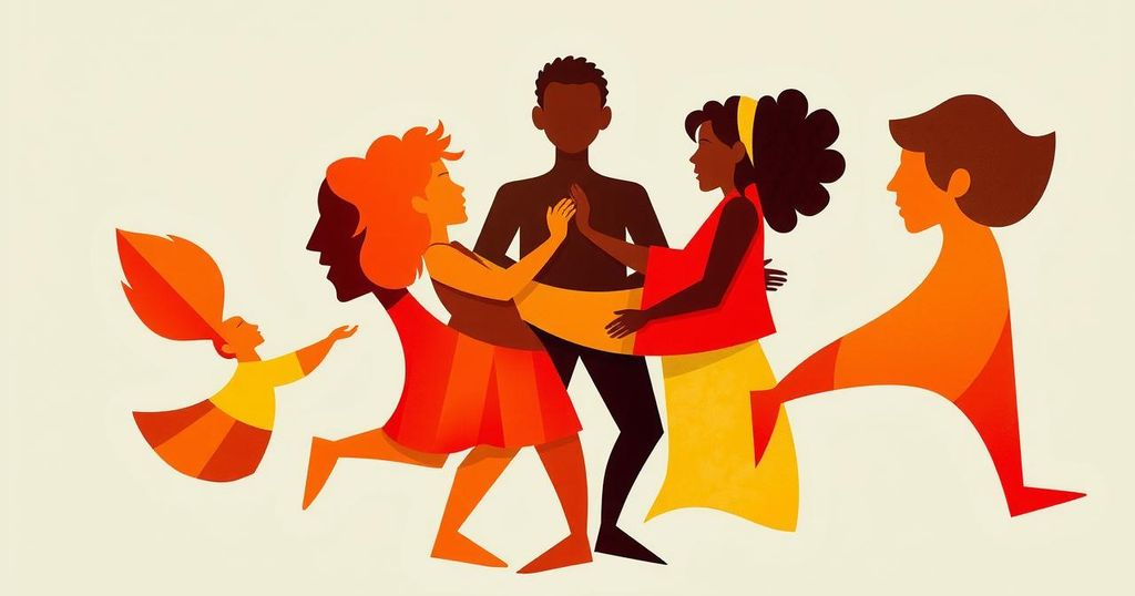 A symbolic representation of unity among diverse ethnic groups against an oppressive regime, featuring abstract shapes and colors.