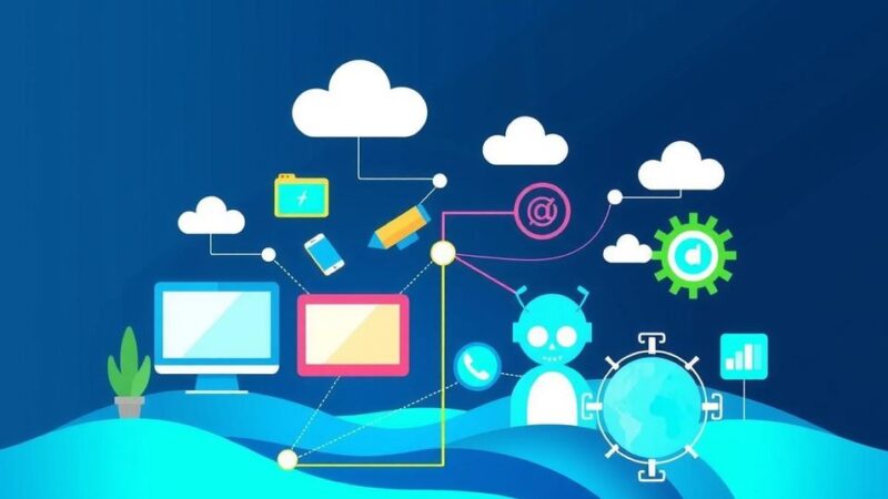 An abstract depiction of a digital skills initiative, featuring symbols of technology and education in vibrant colors.