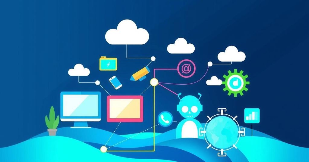 An abstract depiction of a digital skills initiative, featuring symbols of technology and education in vibrant colors.