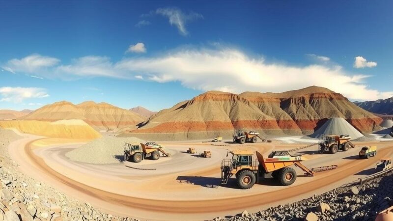 Landscape of Chile's copper mines with machinery, under bright blue skies, reflecting economic themes of the future.