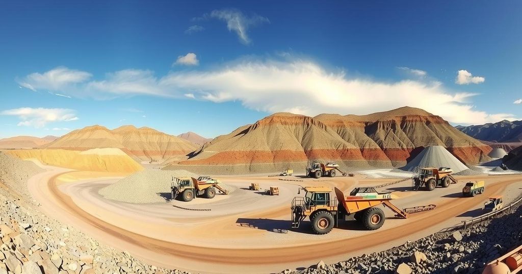Landscape of Chile's copper mines with machinery, under bright blue skies, reflecting economic themes of the future.