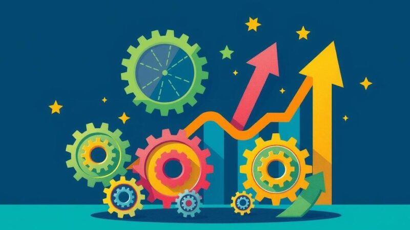 A colorful representation of economic growth concepts, featuring gears and arrows symbolizing progress, in a vibrant palette.
