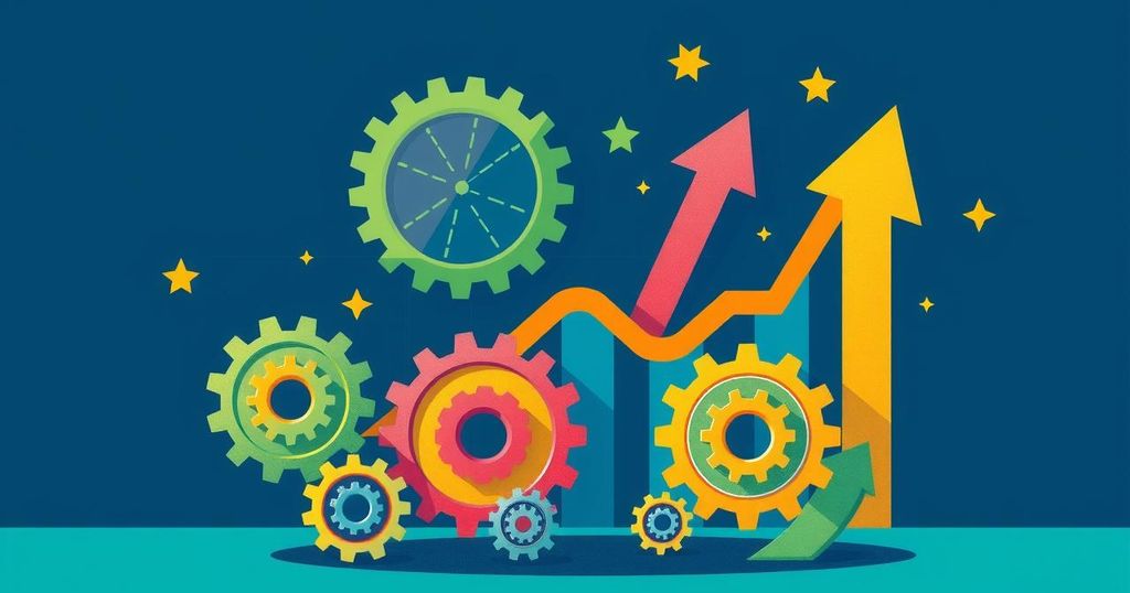 A colorful representation of economic growth concepts, featuring gears and arrows symbolizing progress, in a vibrant palette.