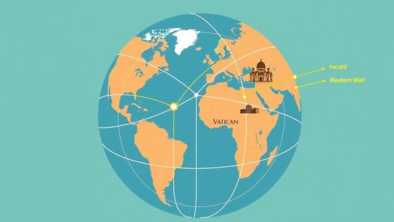 A symbolic globe representing international diplomacy with connected nations and iconic landmarks.