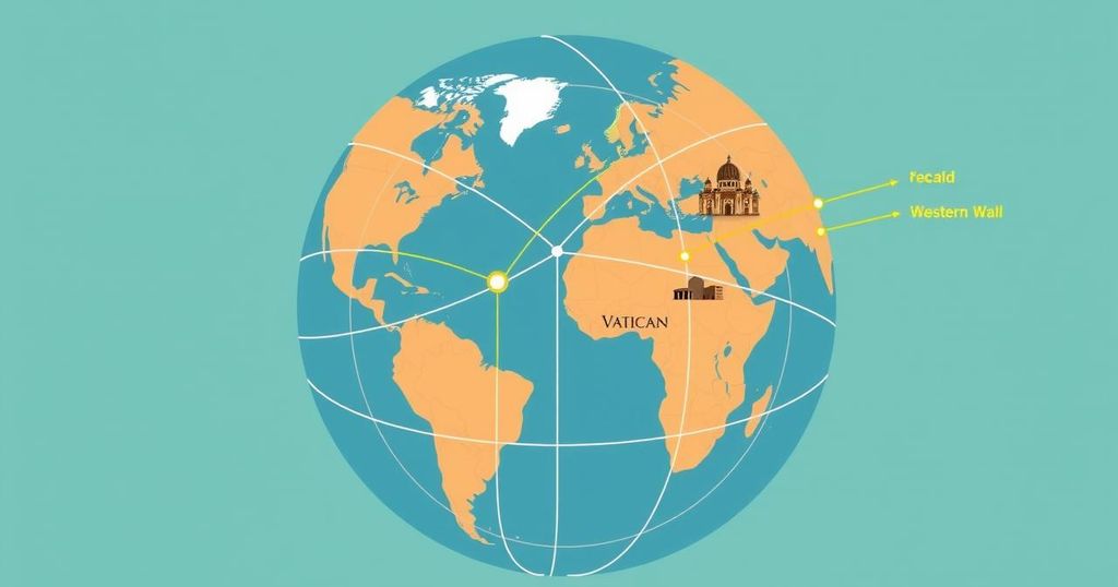 A symbolic globe representing international diplomacy with connected nations and iconic landmarks.