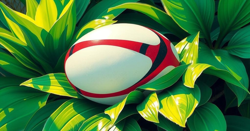 A vibrant rugby ball amid tropical foliage, symbolizing fresh energy and new players in a squad.