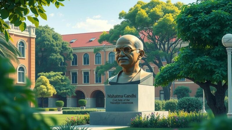 A serene university campus featuring a bust of Mahatma Gandhi surrounded by green foliage and a clear blue sky.