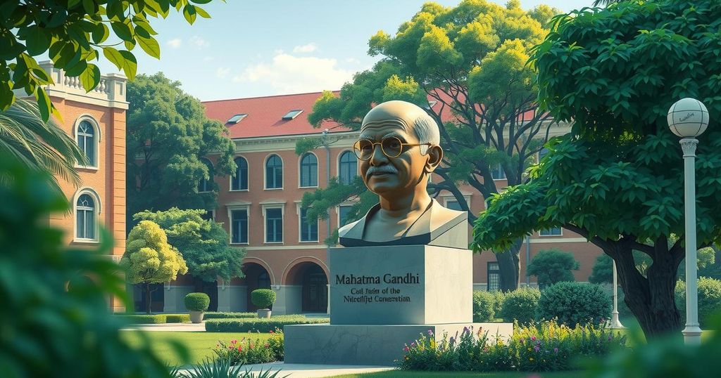 A serene university campus featuring a bust of Mahatma Gandhi surrounded by green foliage and a clear blue sky.