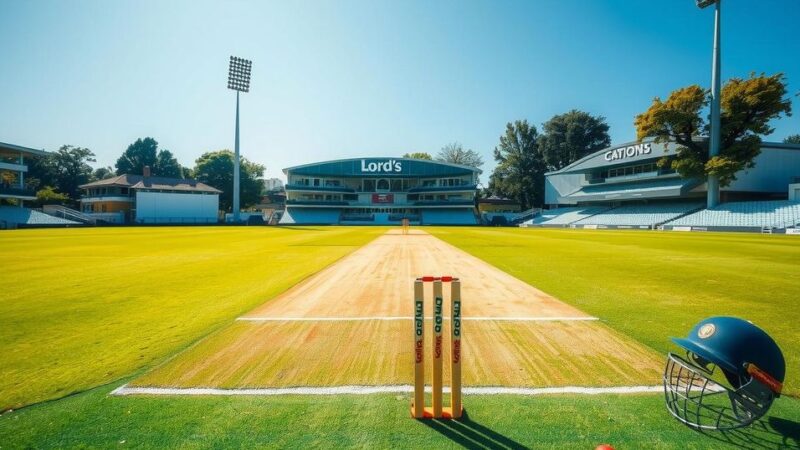 A majestic cricket scene with a lush green field and cricket equipment, reflecting sportsmanship and determination.