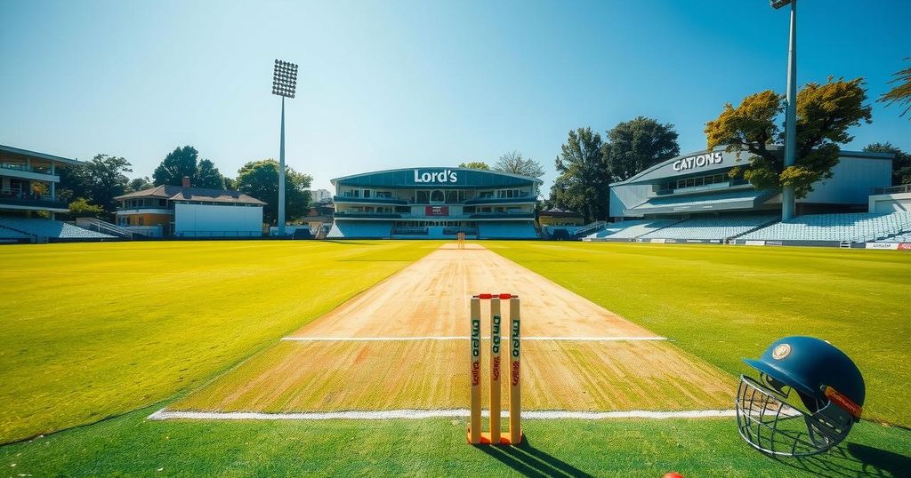 A majestic cricket scene with a lush green field and cricket equipment, reflecting sportsmanship and determination.