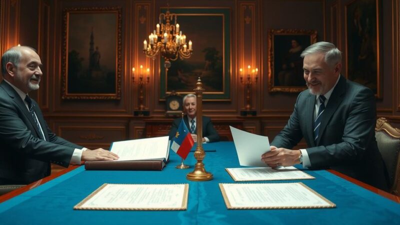 Peace accord signing in a formal setting with flags and documents, highlighting international diplomacy.