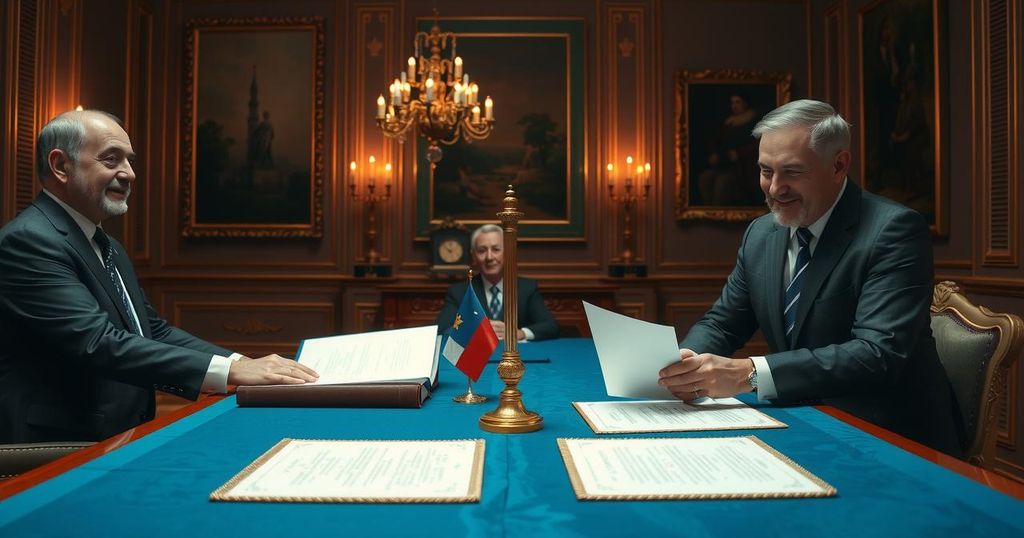 Peace accord signing in a formal setting with flags and documents, highlighting international diplomacy.