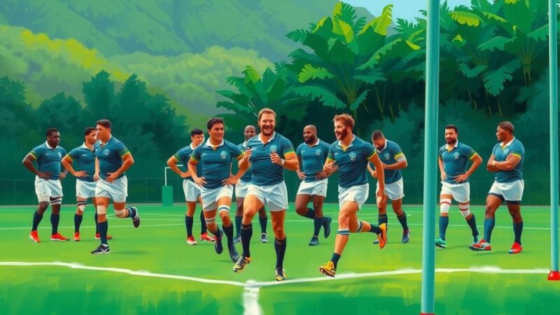 Fiji rugby team in training with natural landscape and vibrant colors, showcasing camaraderie and preparation.