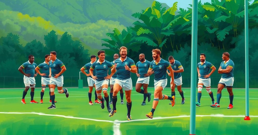 Fiji rugby team in training with natural landscape and vibrant colors, showcasing camaraderie and preparation.