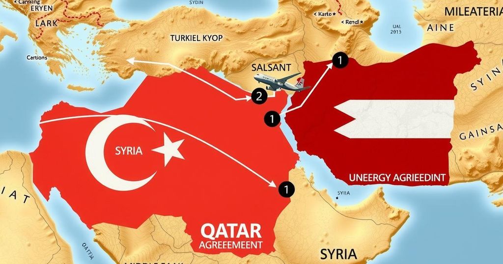 A map illustrating the influence of Turkey and Qatar in the Middle East, focusing on Syria, in warm colors.