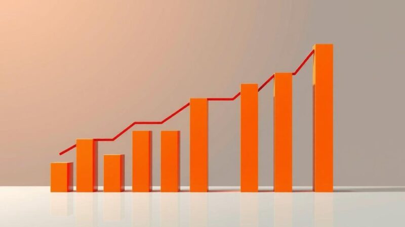 Graphical representation of declining inflation rate with abstract bar charts and warm color palette.
