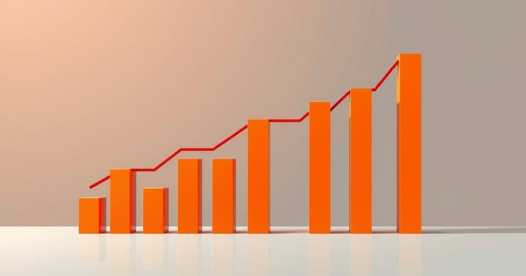 Graphical representation of declining inflation rate with abstract bar charts and warm color palette.